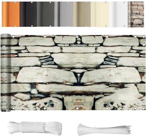 WEALSFUN Balcony Cover (390 Sizes & 8 Colours) Balcony Cladding, No Drilling, Opaque, Wind UV Protection with Eyelets, Cable Ties, Cord, 75 x 800 cm Stone Pattern