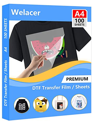 Welacer DTF Transferfolie Papier A4 (21cm x 29.7cm) 100 Blatt DTF Transfer Drucker für T-Shirt, klare DTF PET Transfer Film Papierblätter für dtf printer