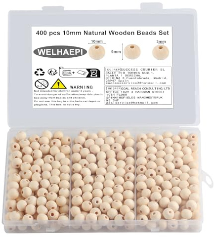400 Pezzi Perle Rotonde in Legno, Perline Legno Naturale, Palline diLegno con Foro per Decorazioni Artigianali Fai-da-Te - 10mm
