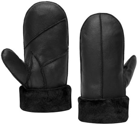 MGGMOKAY Dam lammskinn shearling vantar varma vinter läderhandskar, svart, S
