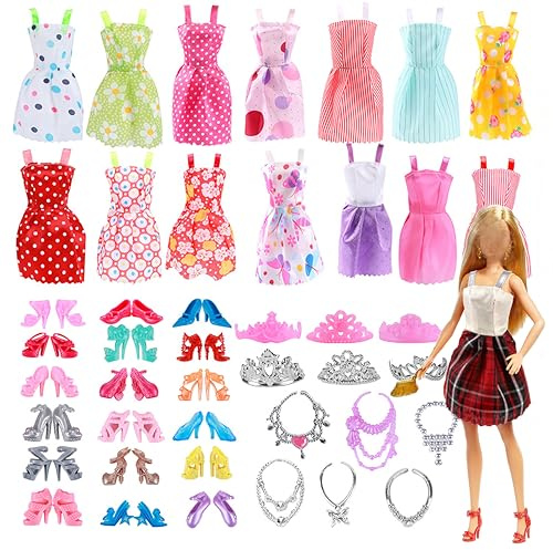 KHDULQ 32 PCS Vêtements Barbie, Robe Barbie Femme, Accessoire Poupee, pour Poupée 11pouces, Contient 10 Vêtements, 10 Paires de Chaussures, 6 Couronnes et 6 Accessoires (Plastique, Tissu)