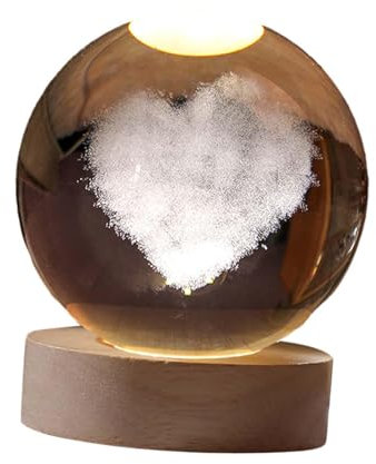 perfk Luce notturna a LED con sfera di vetro 3D con base in legno a LED Lampada da tavolo con display a forma di cuore Decorativa bianca calda per bambini, Diametro 6 cm