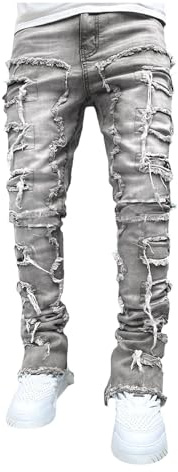 Dressnu Jeans - Pantalones rectos elásticos rasgados para hombre, diseño rasgado, Gris, X-Large