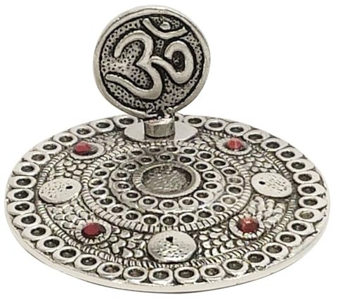 ROCKING GIFTS Coupelle en métal argenté avec Symbole Om, brûleur d'encens décoratif Ethnique Oriental, 10 cm