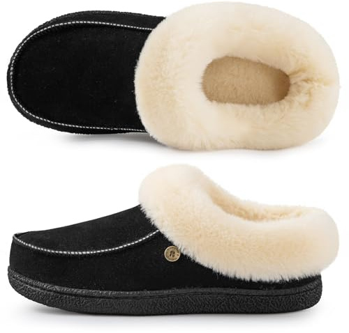 HomeTop Women's Comfy Moccasin Style Memory Foam Slip on Slippers Soft Microsuede Clog House Shoes with Luxury Fuzzy Fur Collar Timeless Black, 7-8 US