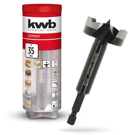 kwb Broca Forstner de 35 mm de diámetro (para madera, cabeza forjada, afilado especial, agujeros rápidos y sin desgarros, punta central rectificada en 4 lados, para destornilladores y taladros