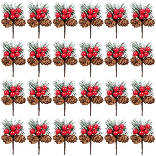 KINDPMA 24 Piezas Ramas de Abeto Artificial de Navidad con Bayas Rojas y piñas Baya de piña Artificial Ramas Decorativas navideñas para Decoraciones Guirnalda de Navidad, Adorno del árbol de Navidad