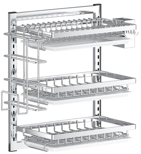 Yeory Artillo de Secado de Platos montados en la Pared, Estante de Secado de Plato de Acero Inoxidable de 3 Niveles, Estante de Secado para Platos Colgantes, lavador de Platos de Montaje en la Pared