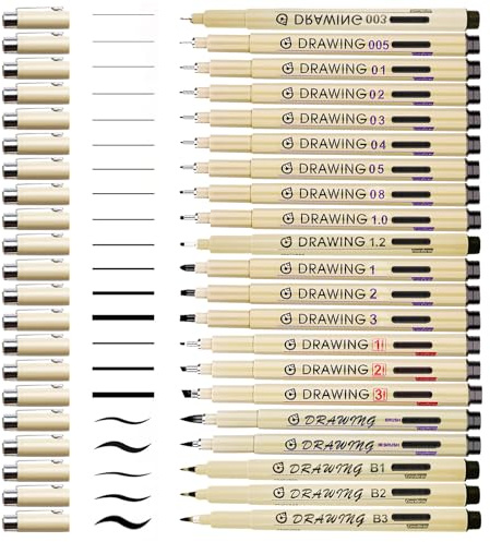 BAIFULAI Micron Fineliner Lot de 21 stylos à pointe fine Noir Pointe fine Noir Pigment Liner Set de stylos imperméables pour artistes, illustration, croquis, manga