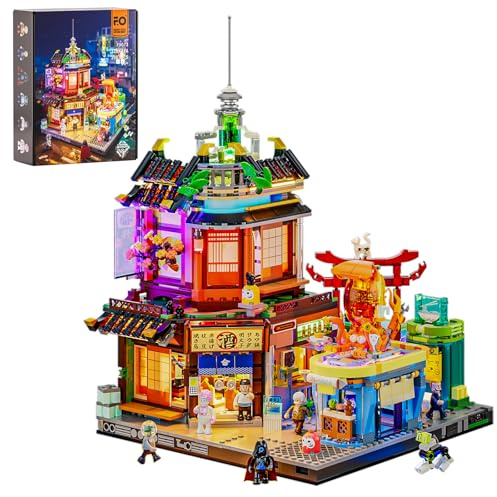 FUNWHOLE Set di Blocchi da Costruzione Cyberpunk Giapponese Izakaya Light – 1987 Pezzi Kit Modello LED Luce per Città Neon Cyberpunk Modulare Futura Pub Scena di Strada Giapponese per Adulti e Fan di