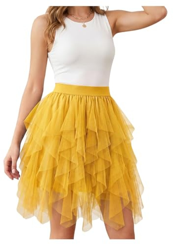 WERFORU Damtyllkjol underkjol tutu hög midja A-linje tutu kjol midikjol sommarkjol, GUL, XL