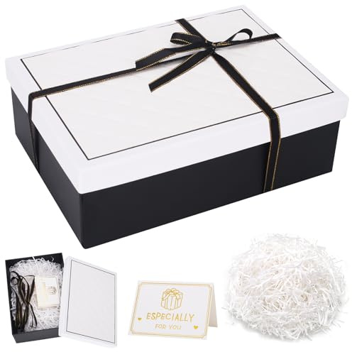 Gift Box, White Gift Boxes with Lids, 25x18x 8.5 cm Textured Gift Boxes for Presents with Greeting Card, Ribbons and Raffia Shred for Christmas, Valentine's Day, Birthdays, Anniversaries