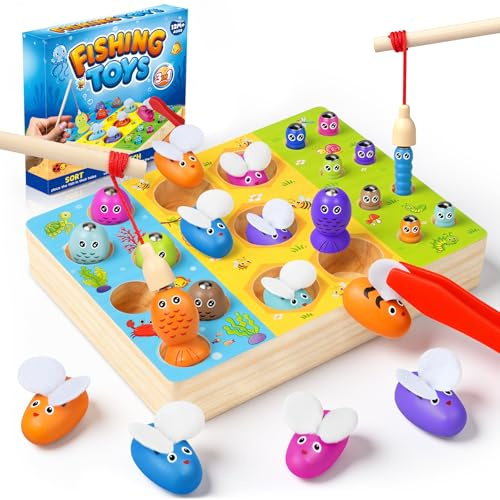 COOLJOY Juguetes a partir de 2 años, 3 en 1, juego de pesca magnético, juguetes de habilidades motoras, juegos a partir de 2 y 3 años, juguetes Montessori a partir de 2 3 años, juguetes de madera