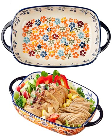 MeYuxg Plat Four Céramique Rectangulaire,23,5 x 13,5cm avec Deux Poignées, Plat de Lasagne Rectangulaire à Imprimé Floral,Pour Lasagnes, Tiramisu, Gratin, Passe au Four, Micro-ondes, Lave-vaisselle