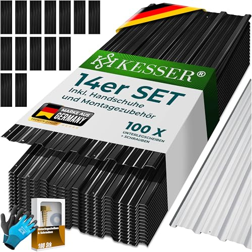 KESSER® Juego de 14 chapa trapezoidal, 110 x 46 cm, 7 m², acero galvanizado de 0,25 mm, placas de techo para caseta de aparatos, cobertizo y techo + tornillos, arandelas y guantes de montaje, color