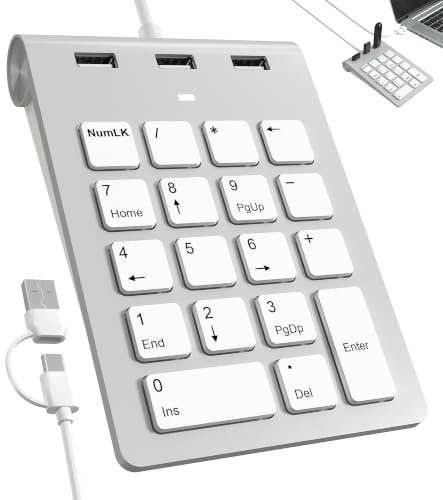 2 en 1 Pavé Numérique Filaire USB‑C/USB A avec Hub USB, Clavier Numpad 18 Touches Inclinaison 15°, Pavé Numérique USB-C pour PC Portable/MacBook/i Pad/PC/Windows/macOS Plug‑and‑Play