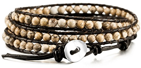 MOWOM Layered Bracelets for Women Men Genuine Leather Bracelet Rope Bangle Cuff Gemstone Beads Braided Bracelet 3 Wraps Adjustable Handmade Oriental Agate Meditation Jewelry Gift