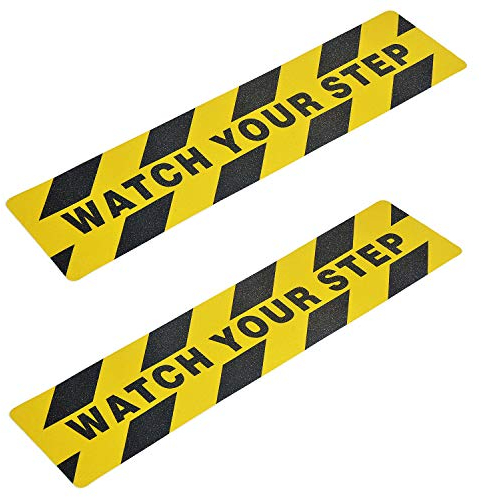 Watch Your Step - Nastro Adesivo Antiscivolo per Pavimenti, 15 x 60 cm, Adesivo Antiscivolo per la Sicurezza sul Posto di Lavoro, Casa, Pavimento Bagnato, Attenzione, Confezione da 2
