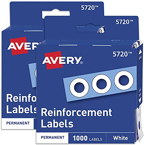 Avery Hole Reinforcement Label Stickers, White, 1,000 Per Pack, 2 Packs, 2,000 Total Labels (05720)