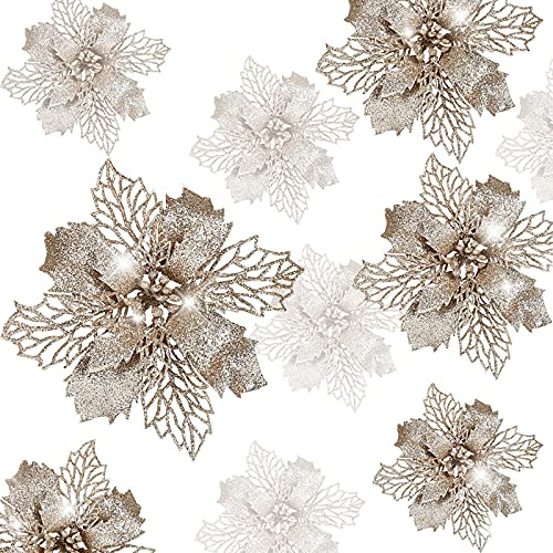 Gwhole 21 Pezzi Fiori per Albero di Natale Champagne Poinsettia Glitter Fiore di Stella Fiore Artificiale Decorazioni Ornamenti Ciodoli e Addobbi per Albero Natalizio e Ghirlande, 9/11/16CM