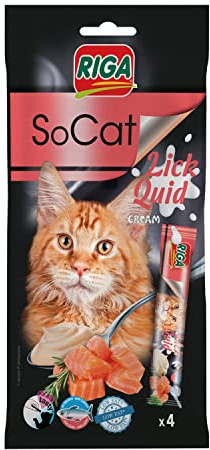 Riga - Socat Lick Quid - Friandises pour Chat - Snack Humide Au Saumon - Crème A Lécher - Riche en Protéines - sans Céréales - Faible en Graisses - Récompense Idéale - 4 x 14g