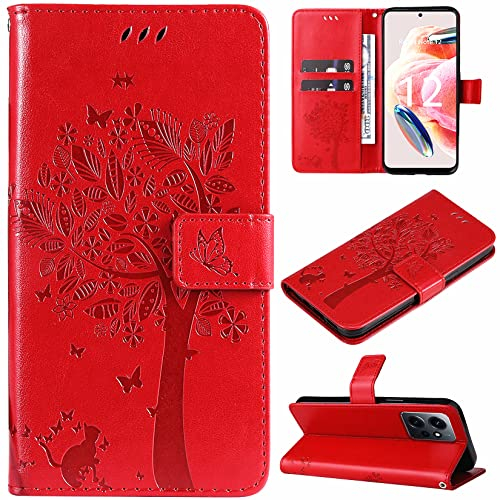 Hancda coqu pour Xiaomi Redmi Note 12 4G, Etui Housse en Cuir avec Motif Porte Carte Portefeuille à Rabat Magnétique Support Flip Case Cover Antichoc Rouge