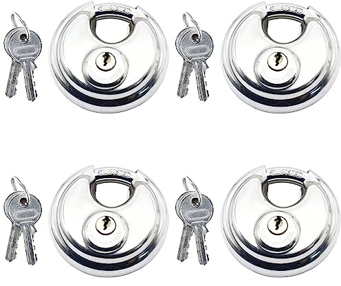 Kemcatui Lot de 4 cadenas à disque blindé avec clé identique, 70 mm de large, en acier inoxydable avec clé, serrure ronde robuste pour unité de rangement, remorque, abri de jardin et garage