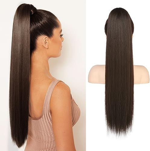 Flufymooz Ponytail Extension Pferdeschwanzverlängerung, 66 cm langer gerader Pferdeschwanz mit Kordelzug, Lockiger Pferdeschwanz Synthetisches Haarteil für Damen(Dunkles Schokoladenbraun)