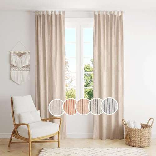 THE ART BOX Gauze Striped Curtains, Boho Linen Gauze Tab Top Hanging Curtains Light Filtering Door Window Treatment 2 Panel Drapes for Living Room Home Décor Grey (54x42 Each Panel)