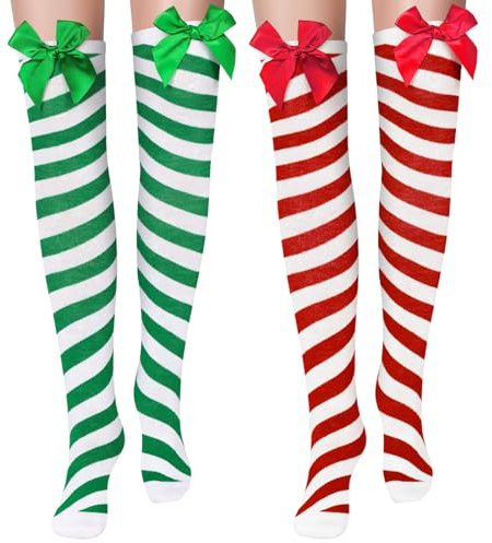 BBTO 2 Paia Calze Lunghe Sopra il Ginocchio da Donna di Natale con Fiocco e Palline (Fiocco)