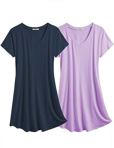 Ekouaer Nachthemd Damen 2er Pack Sleepshirt Kurzarm Nachthemden 2er Pack Knielang Nachtwäsche Kurz, Navyblau + Lila, XL