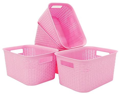 ABBAware 5er Set 9 Liter Aufbewahrungskorb mit Griffen im Rattan-Design, Pink, der Umwelt zuliebe aus recyclebarem PP