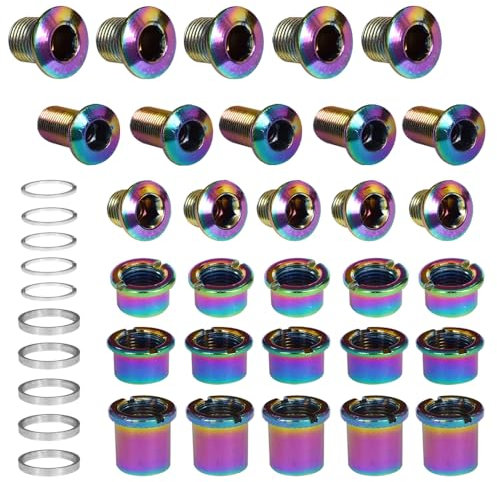 Pirhosigma 5 pezzi per ogni singola / doppia / tripla corona bulloni viti disco guarnitura dadi ruota catena colorati + 10 rondelle adatte per bici da strada, mountain bike MTB (25 pezzi)