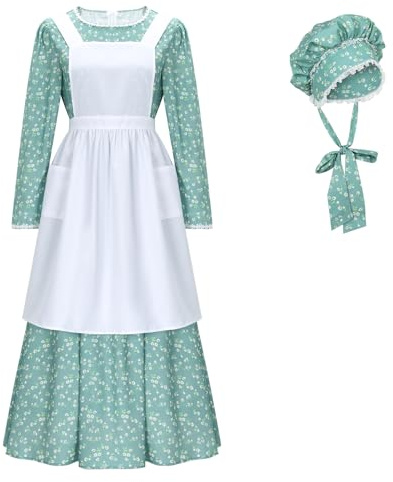 Funhoo Disfraz de sirvienta victoriana para mujer, vestido de pionera floral con gorro y delantal, vestido colonial modesto de pradera de manga larga (verde, XL)
