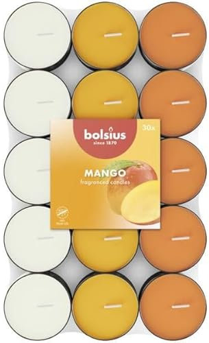 Bolsius - 30 Duft theelichter - Mango - Brenndauer von 3,5 Stunden - Durchmesser 38 mm – Natürliche Extrakte – Enthält Veganes Wachs – Ohne Palmöl