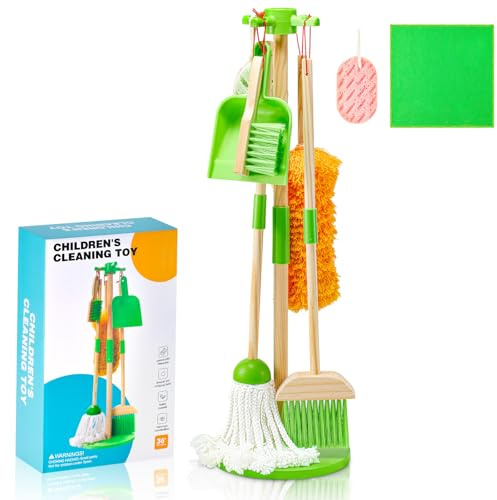 WHOHOLL Wooden Kids Cleaning Set Toddler Broom Set for Housekeeping 8 Pcs Broom and Mop Set for Toddlers 3-6, Cleaning Toys with Dustpan Sponge, Christmas Birthday Gifts for Boys Girls (Green)