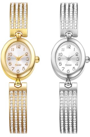 JewelryWe Orologio da polso da donna, elegante, unico, con strass, rotondo/ovale, analogico, al quarzo, casual, orologio da donna con cinturino in metallo, cinturino a sfera, oro argento, Ovale