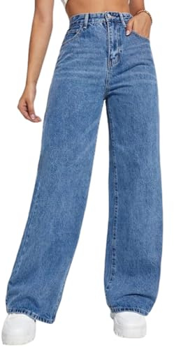 Tomwell Jean Femme Taille Haute Coupe Droite Straight Jeans Automne Hiver Jean Baggy Pantalon Large Décontracté Baggy Jeans A Bleu Foncé M