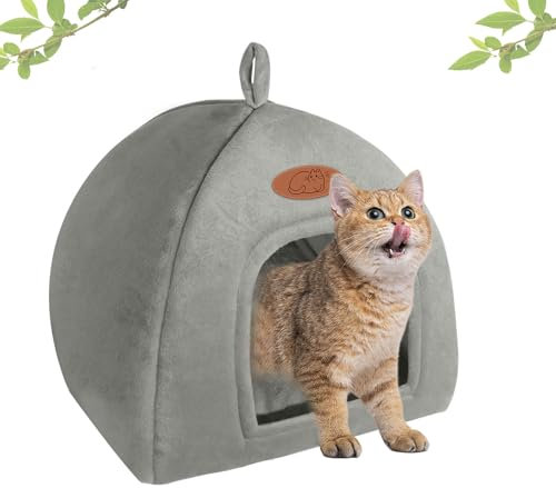 2-in-1 Cat House and Pet Bed for Indoor Pets - Small Dog or Kitten Cave Tent with Removable Machine Washable Pillow Cushion (Grey)
