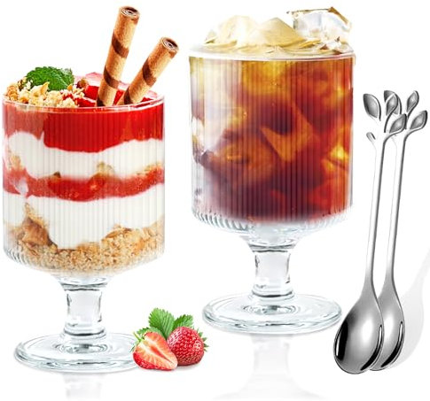 LYLIDIA 2 Stück Dessertgläser 250ml Eiskaffee Desert Gläser Set Glas Mit Fuß, Dessertschalen Desert Becher Dessertbecher Eisbecher Eisgläser Joghurtgläser für Nachtisch, Tiramisu, Spülmaschinenfest