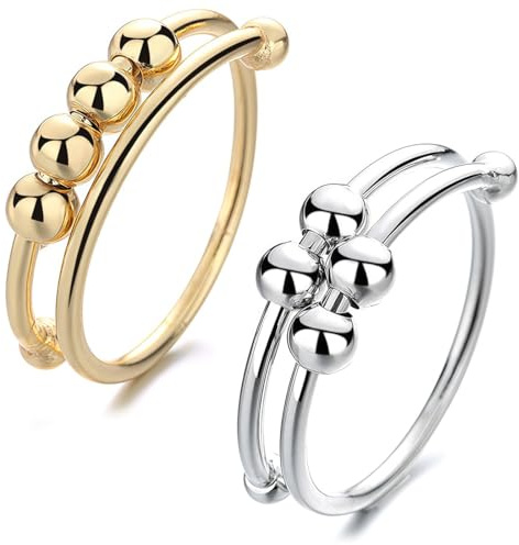 COYUN 2 Pcs Anello Antistress Argento, Anxiety ring Donna con Perline Regolabile, Anelle Antistress Donna, Aperto Rotante Anello Sottile Regali per Donna Uomo Ragazza Figlia Mamma Moglie Unisex