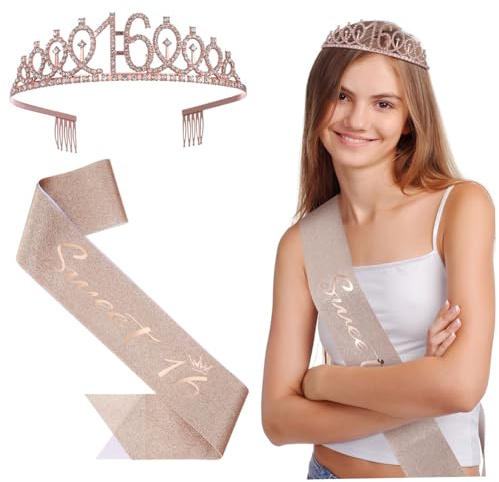 Healeved 1 Ensemble Sangle Couronne Bandeau Paillette Anniversaire Décorations Rose Fille Bandeau Et Ceinture Accessoire Seize Tiare Enfants Couronnes De Reine Pour Les Femmes Alliage