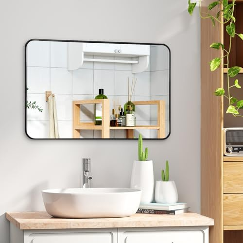 CROWNSHOP 100X 70cm Bathroom Mirror with Black Aluminum Frame, HD Glass Wall-Mounted Rectangle Mirror with Curved Corners for Bathroom, Living Room Vertical or Horizontal Hanging Wall Decor