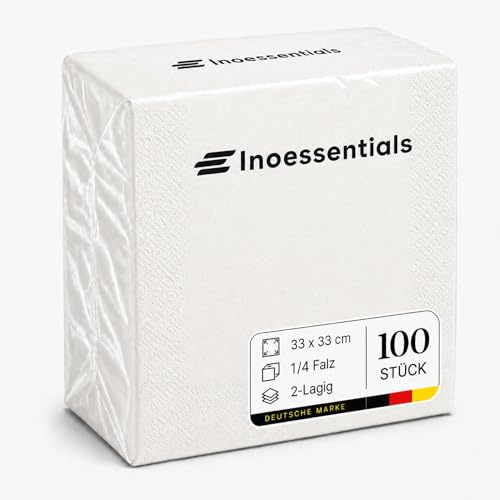 Inoverse Servetter, vit, 33 x 33 cm, 100 stycken, pappersservetter, storpack | 2-lagers 1/4 vikta enfärgade, engångsservetter, för bröllop, buffé, fest, dekorativa bordsservetter för gastronomi
