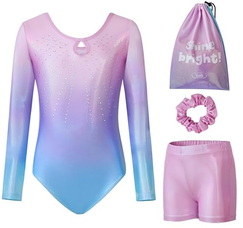 Tstiti Gymnastics Leotards for Girls Long Sleeve Kids Tumbling Gymnastic Outfit Clothes with Shorts Storage Bag 8-9 Years