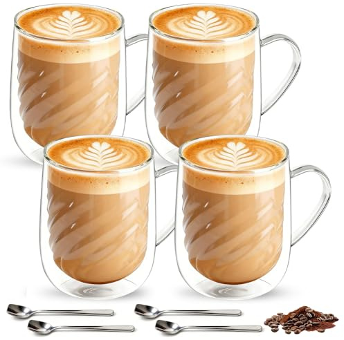 Dubbelväggiga kaffeglas set om 4, 350 ml latte macchiato-glas, isoleringsglas med handtag och skedar, för varma drycker (cappuccino, espresso, te) och kalla drycker (milkshake, juice, öl)