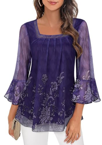 Tunic Tops for Women UK Ladies 3/4 Sleeve Chiffon Tops Mesh Business Tops Square Neck Tops Loose Tops for Women UK Womens Shirts and Blouses Ladies Blouses Versatile Floral Going Out Concerts Shirt