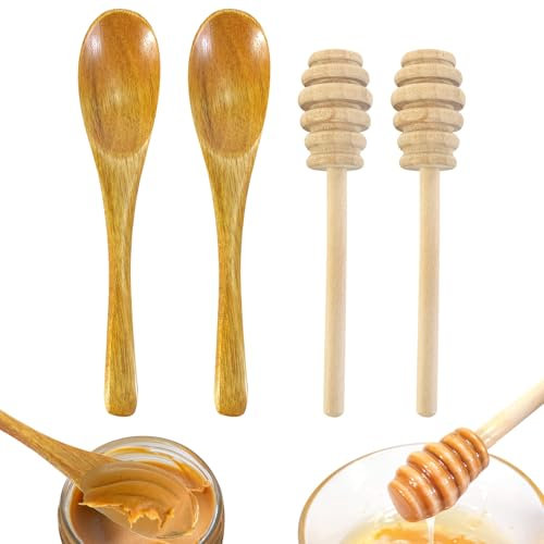 SwirlColor Cuillere Miel Bois Set de 4, Petite Cuillère en Bois et Barre de Miel Cuillère à Miel en Bois Naturel pour Mélanger Le thé au Miel Café Outils de Cuisine