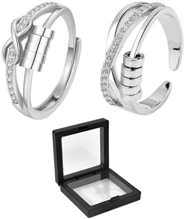 2PCS Anxiety Ring,Silver Fidget Rings for Anxiety Women,Rotatable Anxiety Rings for Women,Adjustable Open Cubic Spinner Bead Ring,Anxiety Rings for Girls,Fidget Ring for Anxiety,for Stress Relief