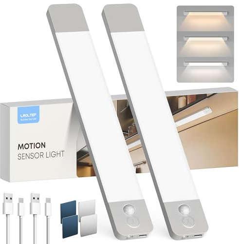 LROLTEF Luce LED Sottopensile Cucina 20CM 1100mAh 3 Temperature di Colore Luci con Sensore Spostamento Sensore di Movimento Armadio Lampada Dimmerabile per Cucina Scale Soggiorno Camere da Letto 2P